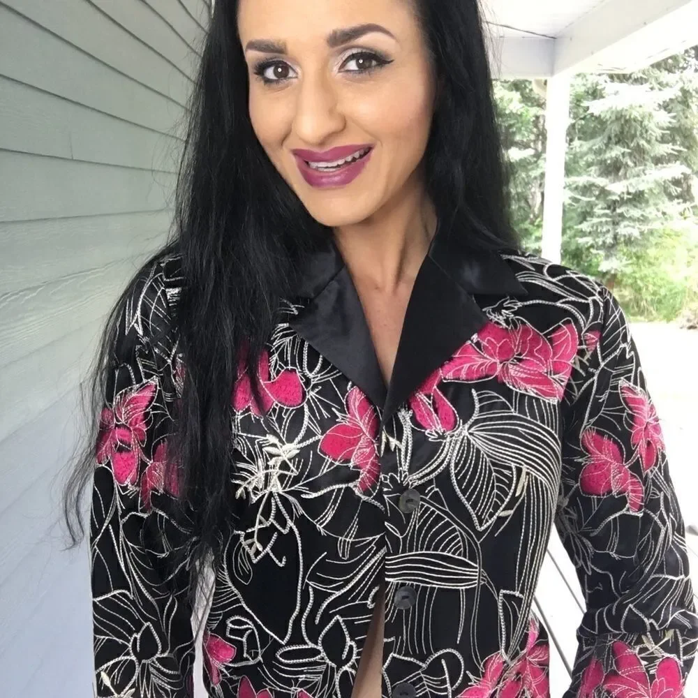 Chico’s black while pink embroidered blazer